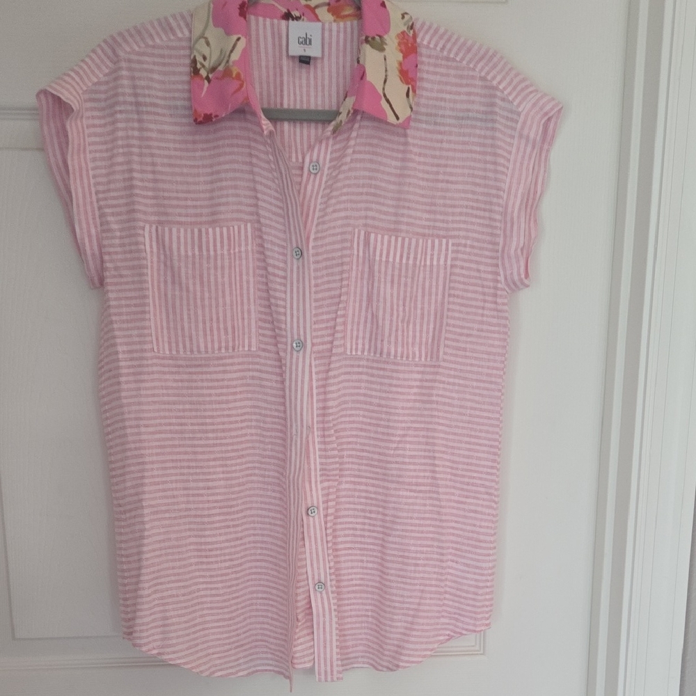 CAbi Pink and White Striped Button Down Shirt with Floral Collar